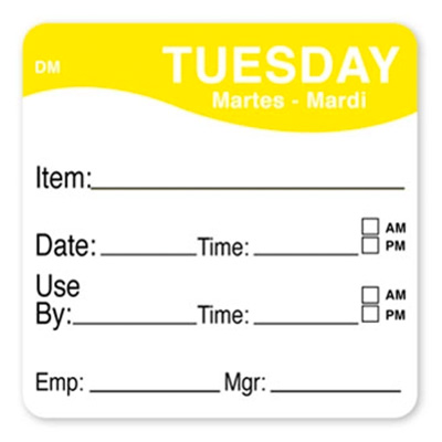 DayMark DissolveMark® Day of the Week Tuesday Food Safety Labels