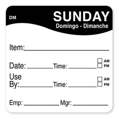 DayMark DissolveMark® Day of the Week Sunday Food Safety Labels