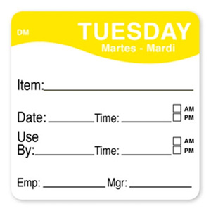 DayMark DissolveMark® Day of the Week Tuesday Food Safety Labels