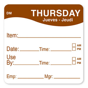DayMark Dissolvable "Day Of The Week" Thursday Food Safety Label