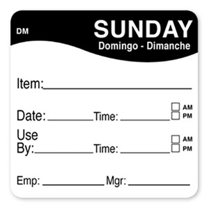 DayMark DissolveMark® Day of the Week Sunday Food Safety Labels